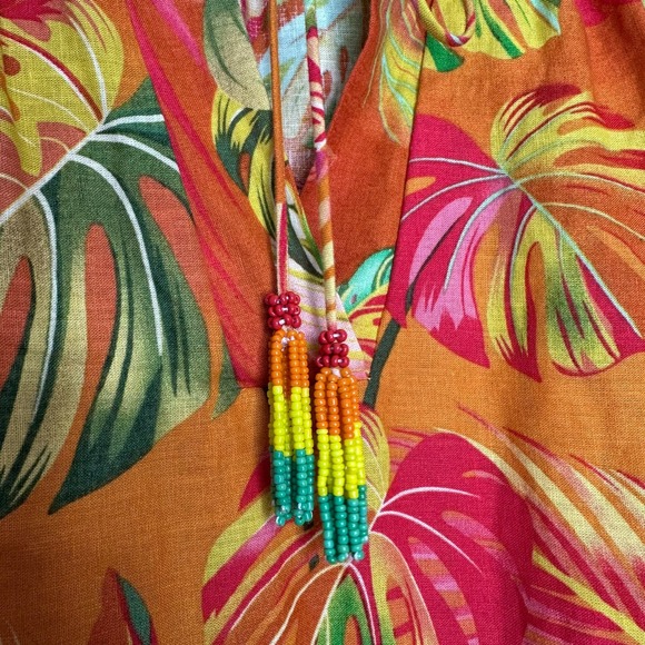 Rachel Roy Linen Blend Top Size M Floral‎ Tropical Colorful Beaded Tassels - Picture 4 of 11